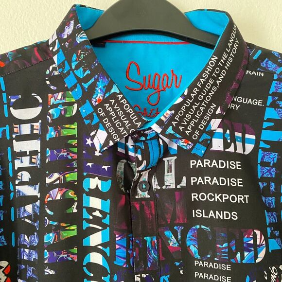 SUGAR Shirt Men's 2XL Colorful All-Over Print Dress Long Sleeve Flip Cuff - Picture 6 of 12